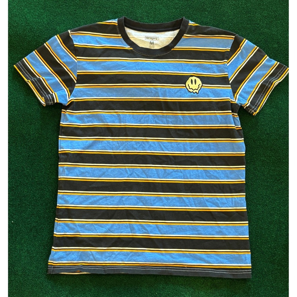 Same Game‎ M T Shirt Blue Black Yellow Stripe Smiley Face Graphic Tee Size M